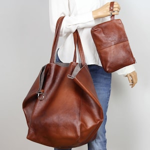 LARGE LEATHER TOTE bag - Slouchy Brown Leather Shoulder Bag with Pouch - Large Everyday Bag for Women - Minimalist Style