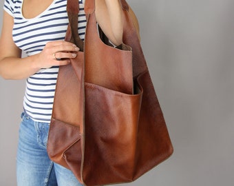 Large Soft Leather Tote Bag – Handmade Brown Cognac Shopper – Oversized Everyday Real Leather Bag for Women