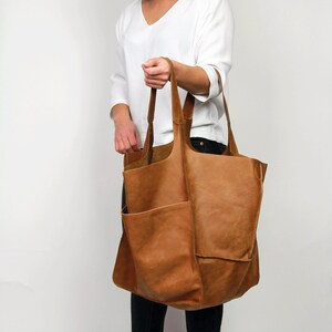 CAMEL Brown LEATHER TOTE bag, Slouchy Tote, Brown Handbag for Women, Every Day Bag, Women leather bag, Weekender Oversized bag image 4