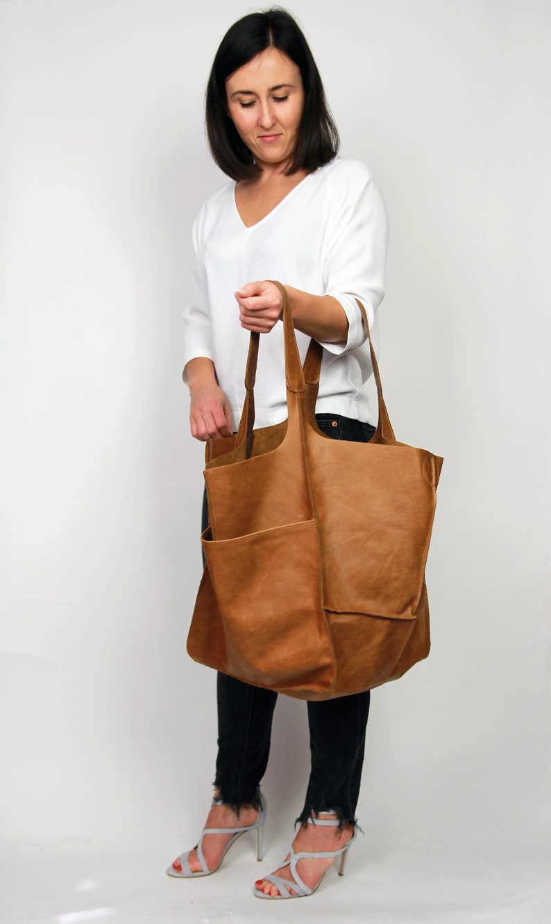 CAMEL Brown LEATHER TOTE bag, Slouchy Tote, Brown Handbag for Women, Every Day Bag, Women leather bag, Weekender Oversized bag image 4