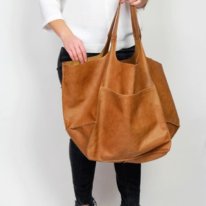 CAMEL Brown LEATHER TOTE bag, Slouchy Tote, Brown Handbag for Women, Every Day Bag, Women leather bag, Weekender Oversized bag image 2