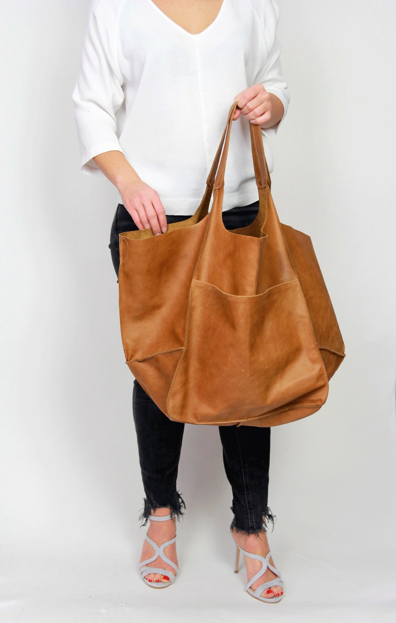 CAMEL Brown LEATHER TOTE bag, Slouchy Tote, Brown Handbag for Women, Every Day Bag, Women leather bag, Weekender Oversized bag image 2