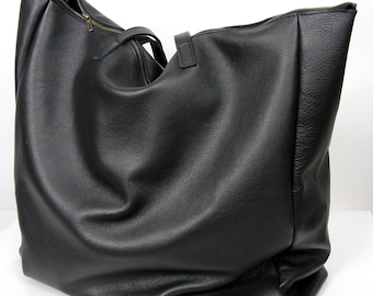 Oversized Black Leather Weekender Bag, Zippered Carryall Tote