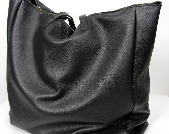 Oversized Black Leather Weekender Bag With Zipper, Leather Overnight