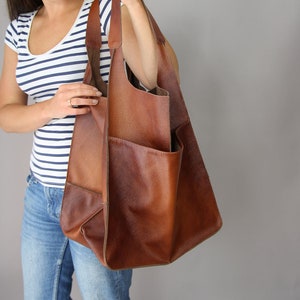 Weekender Oversized bag Large leather tote bag, Slouchy Tote, Cognac Handbag for Women, Soft Leather Bag, Every Day Bag, Women leather bag image 2