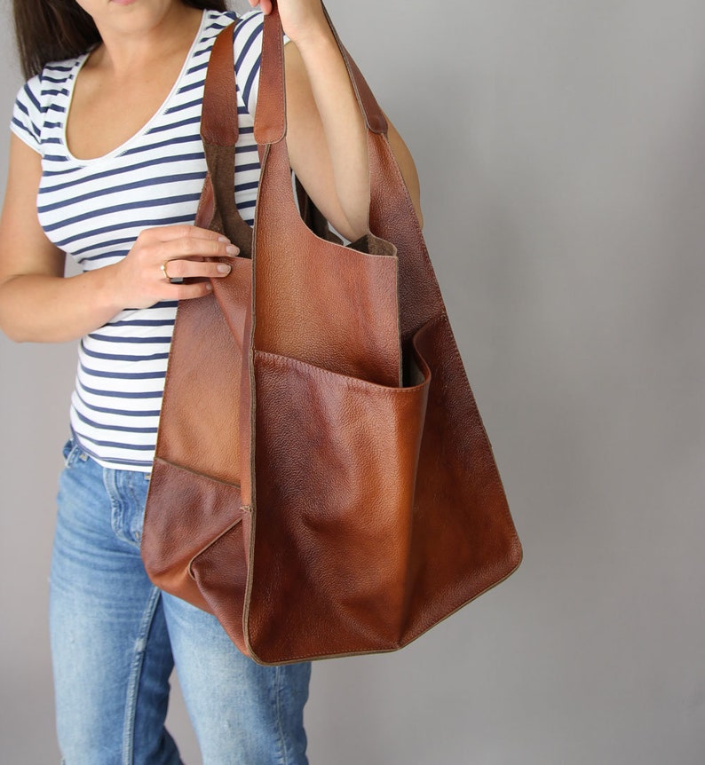 Weekender Oversized bag Large leather tote bag, Slouchy Tote, Cognac Handbag for Women, Soft Leather Bag, Every Day Bag, Women leather bag image 2