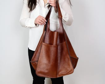 Bolso hobo grande de piel suave – Shopper marrón coñac hecho a mano – Bolso extragrande de piel auténtica para mujer