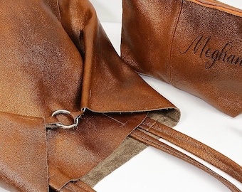 Tote Bag: Personalized Large Brown Leather Handbag with Engraved Pouch