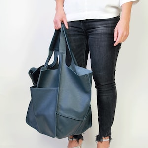 Bolso grande azul marino, bolso tote grande de piel, bolso de diario, bolso de piel para mujer, bolso tote holgado, bolso gris para mujer, bolso de piel suave.