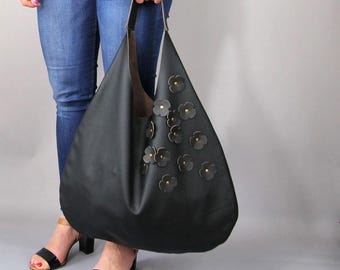 Bolso Hobo de Piel Negra con Flores Marrones, Bolso de Hombro
