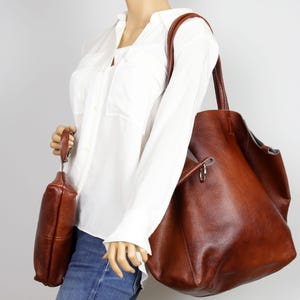 Large Leather Shoulder Bag - Brown Slouchy Tote Bag for Women - Soft Genuine Leather Work Bag with Pouch