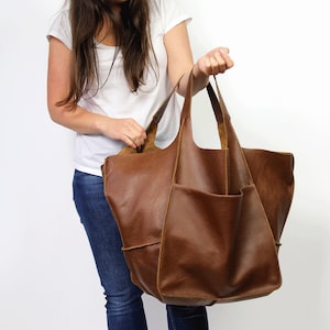 Extra Large Leather Tote Bag – Brown Soft Genuine Leather Shoulder Bag | Minimalist Oversized Purse | Everyday Work Bag