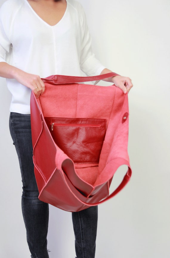 Red Oversized Tote Extra Large Leather Tote Bag for Women Leather