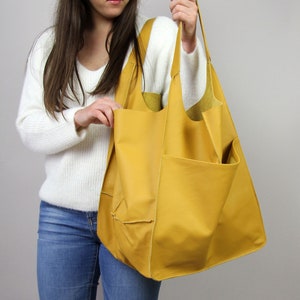 Large Soft Leather Tote Bag – Handmade Yellow Leather Shopper Bag – Oversized Everyday Real Leather Bag for Women