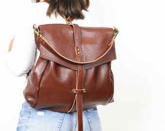 BROWN LEATHER BACKPACK Large Crossbody Bag, Leather convertible bag, Brown Leather Travel Bag Brown Weekender Women's handbag Leather bag