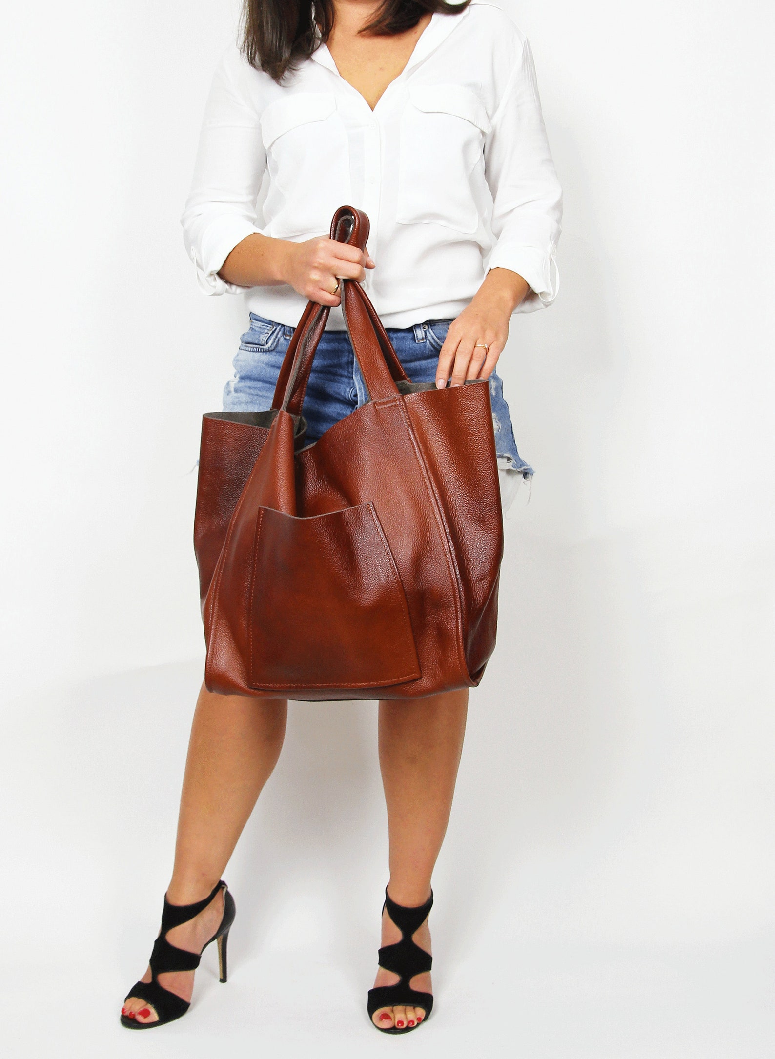 Medium Cognac Leather Bag Large Leather Tote Bag Every Day Etsy