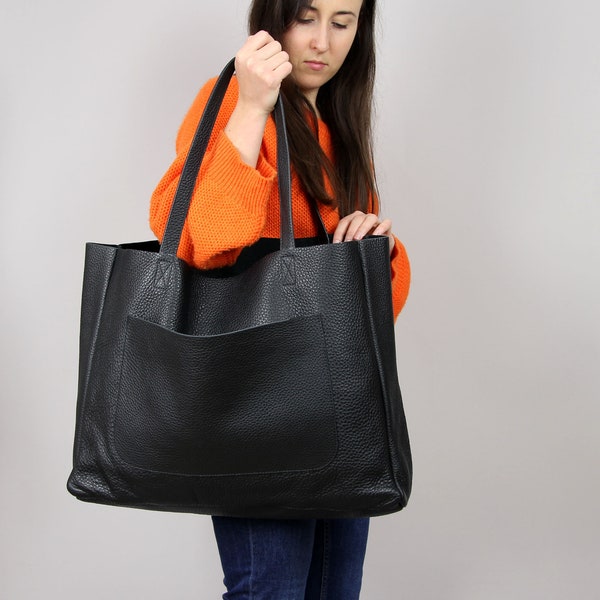 OVERSIZED TOTE,  Large Slouchy Tote, Black Handbag for Women, Leather Bag, Every Day Bag, Women leather bag, Leather carry on