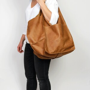 CAMEL Brown LEATHER TOTE bag, Slouchy Tote, Brown Handbag for Women, Every Day Bag, Women leather bag, Weekender Oversized bag image 6