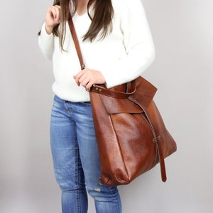 Leather Convertible Bag, Brown Leather Backpack Large Crossbody Bag, Cognac Leather Travel Bag Cognac Weekender Women's handbag Leather bag image 3