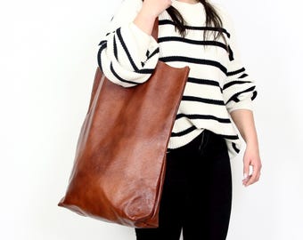 Brown OVERSIZED Leather TOTE Bag: Large Soft Shoulder Shopper Bag
