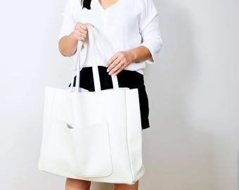 Oversized White Leather Tote, Slouchy Handbag with Pocket