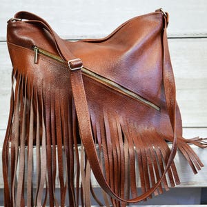 Fringe LEATHER Purse COGNAC BROWN Crossbody Leather Bag With Tassels Boho Bag  Hobo Bag Women&#39;s Handbag Leather Laptop Bag over shoulder