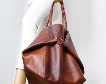 Large Leather Shoulder Bag, Brown Slouchy Tote, Brown