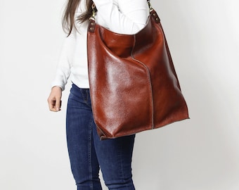 Large Brown Genuine Leather Hobo Bag: Handmade Shoulder Handbag with Zipper