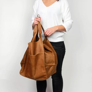 CAMEL Brown LEATHER TOTE bag, Slouchy Tote, Brown Handbag for Women, Every Day Bag, Women leather bag, Weekender Oversized bag image 5