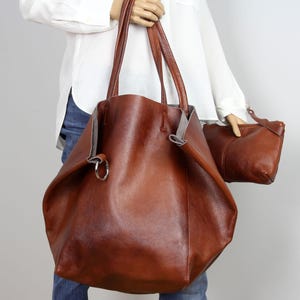 Monogrammed Oversized Brown Leather Tote Bag: Soft Genuine Leather Shoulder Bag with Personalized Pouch