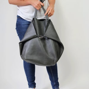 Bolso de hombro grande de piel suave gris - Bolso tote holgado de piel auténtica - Bolso extragrande para mujer - Estilo minimalista