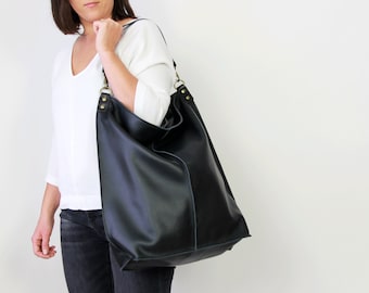 LARGE LEATHER Bag Black Shoulder bag,  Hobo bag, Black Slouchy Hobo, Black Handbag, Everyday Bag, Women leather bag - Top zipper bag