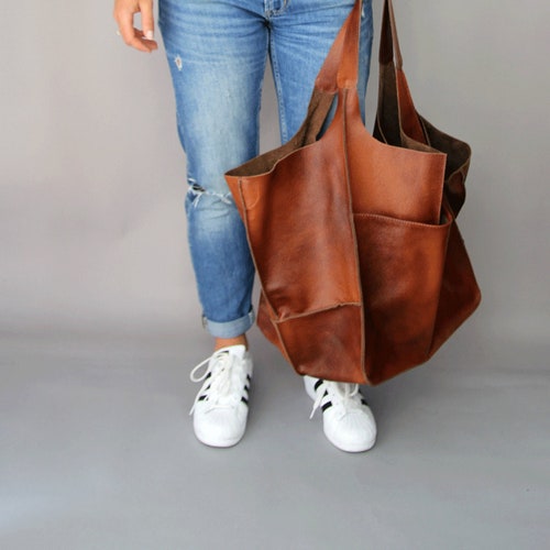 COGNAC LEATHER TOTE Bag Slouchy Tote Cognac Handbag for - Etsy