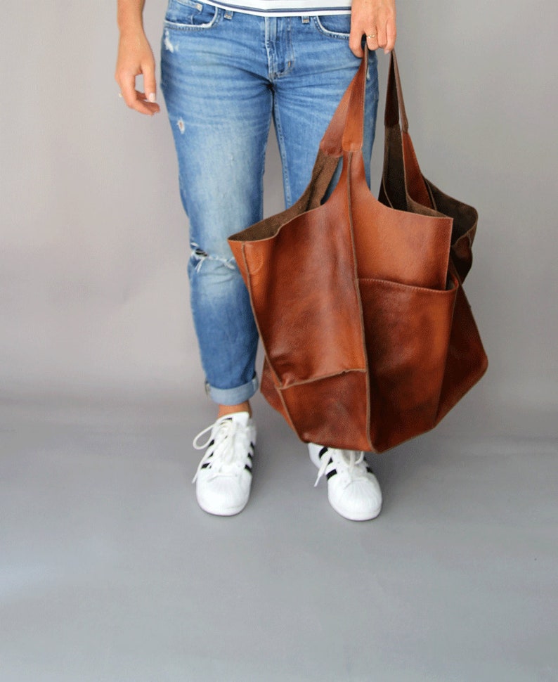 Weekender Oversized bag Large leather tote bag, Slouchy Tote, Cognac Handbag for Women, Soft Leather Bag, Every Day Bag, Women leather bag image 6