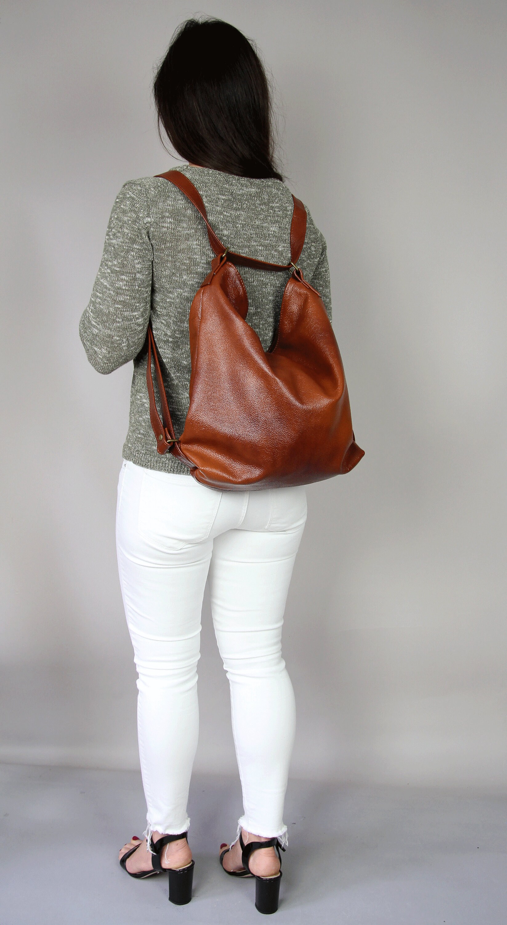 Brown LEATHER CONVERTIBLE BACKPACK Cognac Brown Leather 