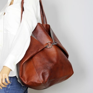 Cognac Braune große Ledertasche, Braune übergroße Tasche, Alltags-Einkaufstasche, Große Einkaufstasche, Alltagshandtasche für Frauen, Vollnarbenleder