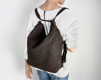 Backpack: Dark Brown LEATHER CONVERTIBLE Bag with Zipper