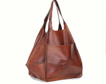 Sale - Very Large leather tote bag, Women Carryal bag, Cognac Handbag for Women, Soft Leather Bag, Every Day Bag, Women bag