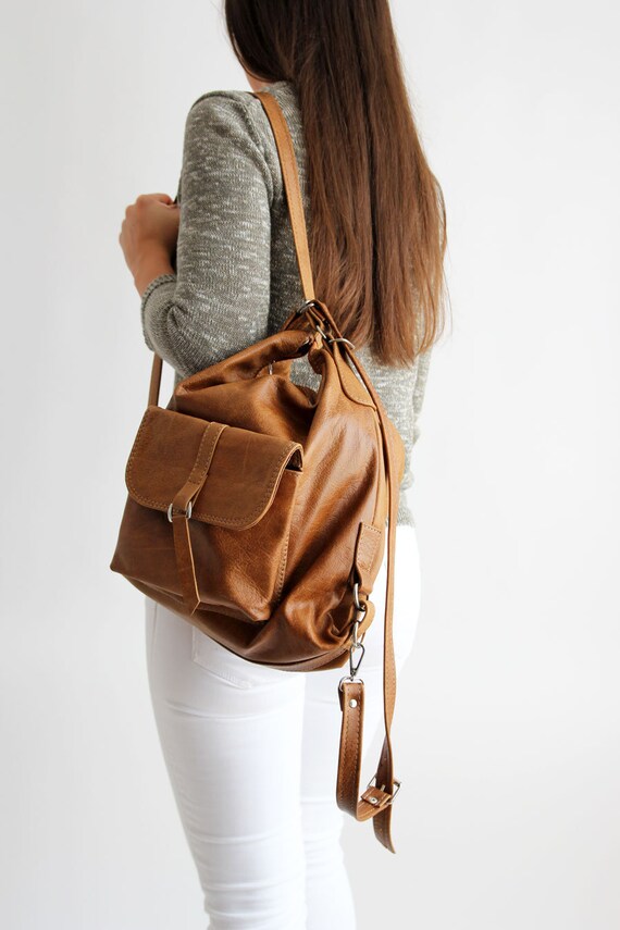 camel leather backpack purse