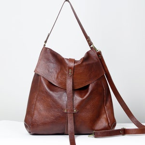 Leather Convertible Bag, Brown Leather Backpack Large Crossbody Bag, Cognac Leather Travel Bag Cognac Weekender Women's handbag Leather bag image 9