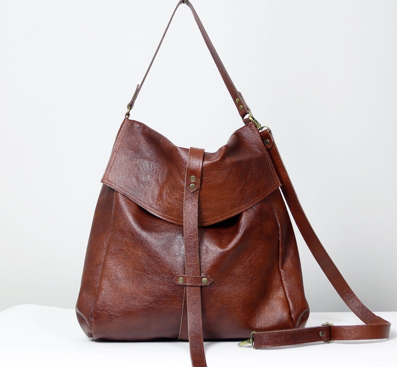 Leather Convertible Bag, Brown Leather Backpack Large Crossbody Bag, Cognac Leather Travel Bag Cognac Weekender Women's handbag Leather bag image 9