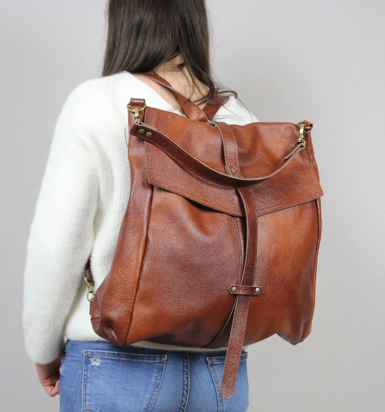 Leather Convertible Bag, Brown Leather Backpack Large Crossbody Bag, Cognac Leather Travel Bag Cognac Weekender Women's handbag Leather bag image 4