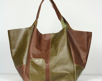 Oversized bag Slouchy TOTE bag, LARGE Leather Tote, Brown and Green Handbag for Women,  Soft Leather Bag, Every Day Bag