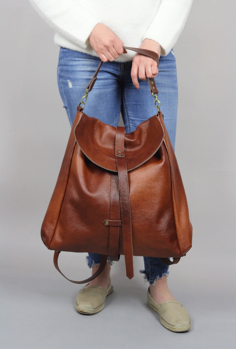 Leather Convertible Bag, Brown Leather Backpack Large Crossbody Bag, Cognac Leather Travel Bag Cognac Weekender Women's handbag Leather bag image 2