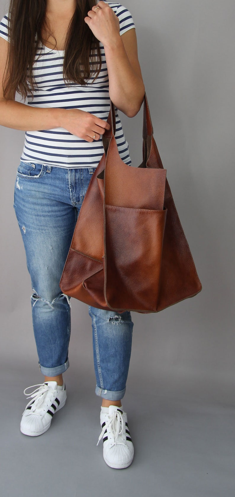 Weekender Oversized bag Large leather tote bag, Slouchy Tote, Cognac Handbag for Women, Soft Leather Bag, Every Day Bag, Women leather bag image 3