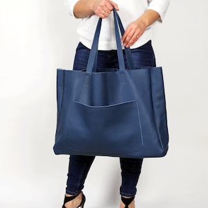 TOTE DE GRAN TAMAÑO, Bolso grande holgado, Bolso azul para mujer, Bolso de cuero azul, Bolso de diario, Bolso de cuero para mujer, Bolso de mano de cuero
