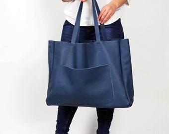 OVERSIZED TOTE,  Large Slouchy Tote, Blue Handbag for Women, Blue Leather Bag, Every Day Bag, Women leather bag, Leather carry on bag