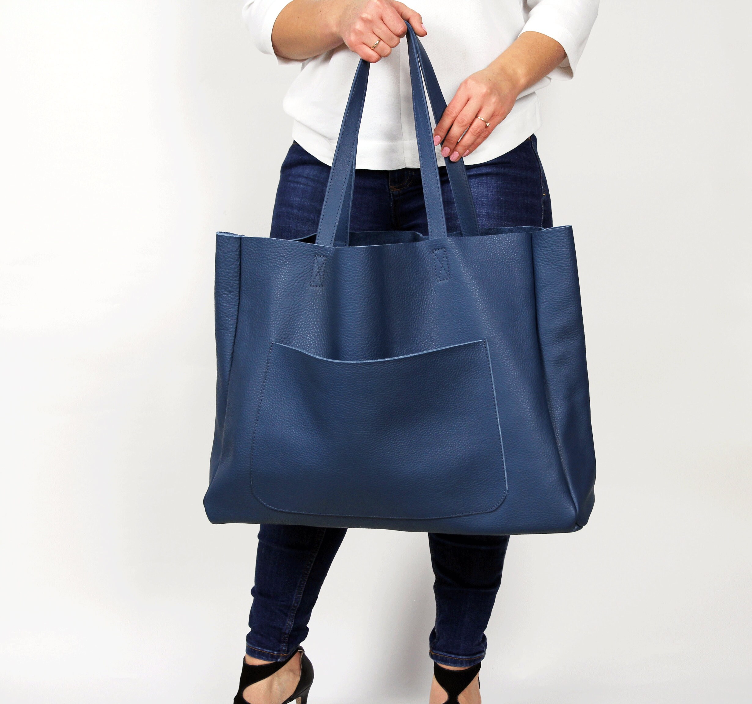 Fauré Le Page - Sagacity 31 Tote Bag - Embroidered Jacquard Blue Saga & Navy Leather