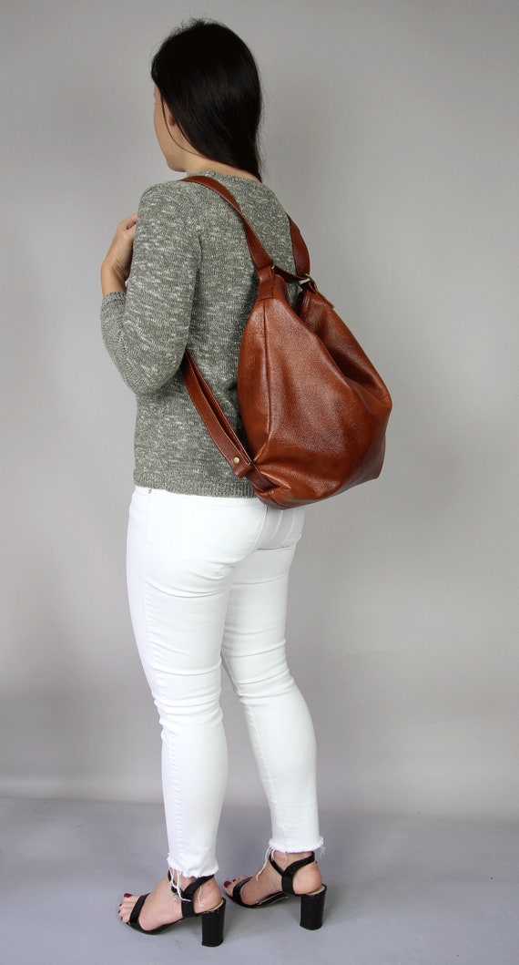 Brown LEATHER CONVERTIBLE BACKPACK Cognac Brown Leather  display picture 3
