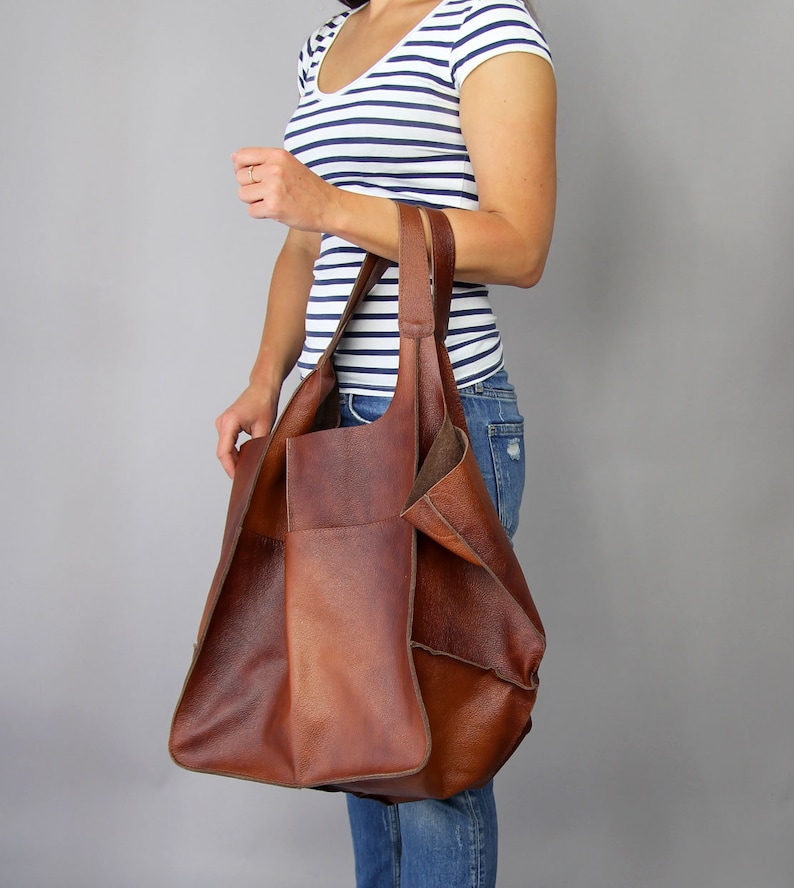 Weekender Oversized bag Large leather tote bag, Slouchy Tote, Cognac Handbag for Women, Soft Leather Bag, Every Day Bag, Women leather bag image 7